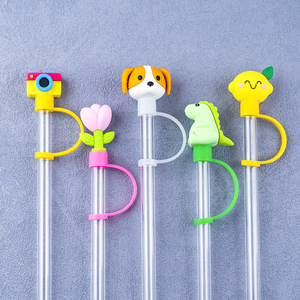 10mm nueva venta caliente personalizado reutilizable a prueba de salpicaduras beber flor dinosaurio paja cubierta de silicona lindo Animal perro 3D paja Toppers - Product Image 3