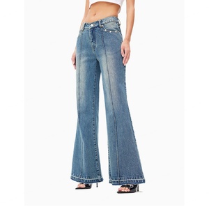 Pantalons en jean vintage personnalisés pour femmes, nouvelle mode, bleu évasé, délavé, 100% coton, jeans pour femmes - Product Image 2