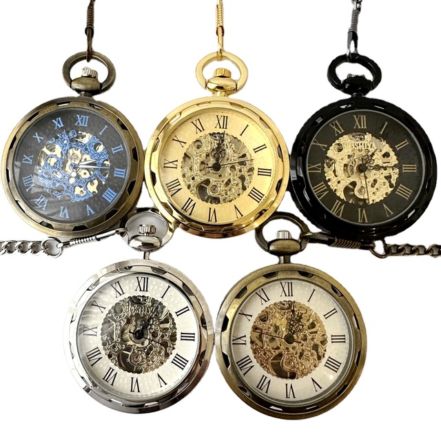 Antique Skeleton Hollow Mechanical Hand Winding Stainless Steel Pocket Watch