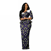 Ensemble en coton pour femmes, grande taille, imprimé africain Ankara; haut à col biais et manches cloche, jupe longue jusqu’au sol; tenue décontractée dashiki deux pièces