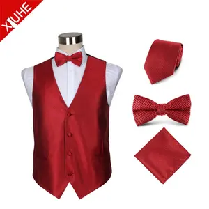 Elegant Suits Decoratie Custom Zweren Grijs Rood Bruiloft Vest Zakdoek Stropdas Strik Set Vest Pak