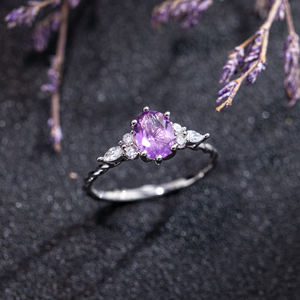 Indah halus 925 perak murni mewah alami Oval memotong Amethyst janji cincin berlian cincin pernikahan - Product Image 5