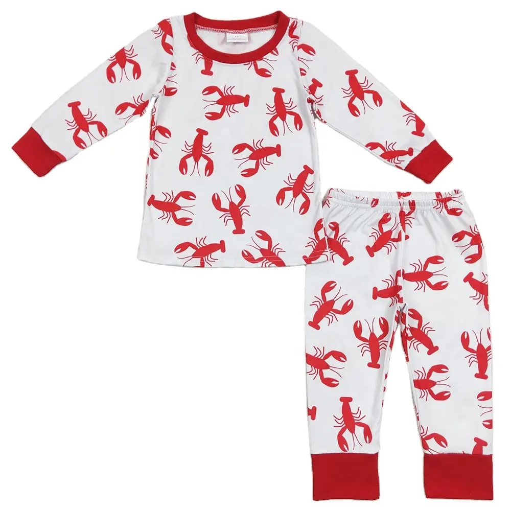 Toptan bebek çocuk pijamaları istakoz kerevit baskı sevimli erkek pijama setleri bahar yaz erkek kız butik pijama yeni
