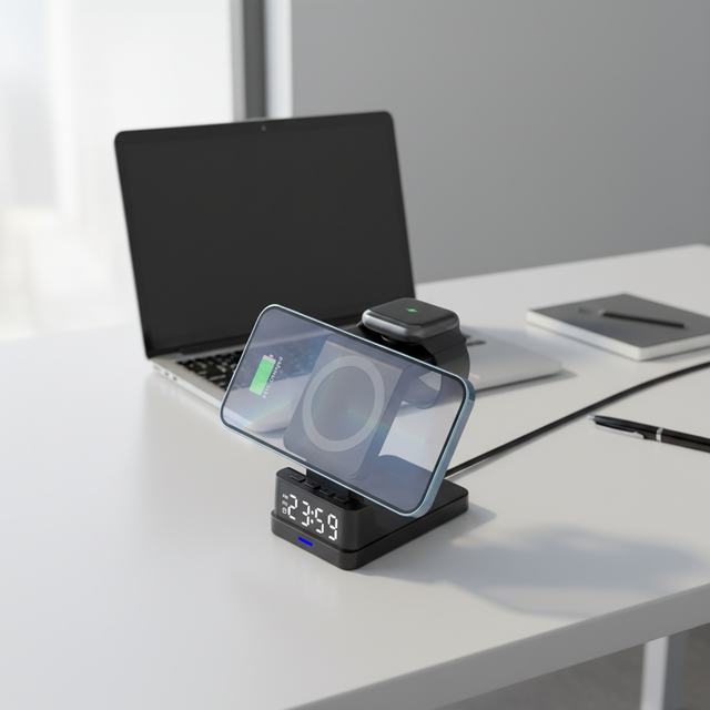 3 in 1 Foldable Magnetic Wireless Charger Dock with Digital Alarm Clock & Dimmable LED Light Multi Device Charging Station