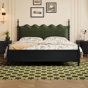 Vintage Style Solid Wood Upholstered <b>Bed</b> 1.8m Master Bedroom Double <b>Bed</b> Retro Wave Headboard American Soft Fabric Bedroom - Product Image 4