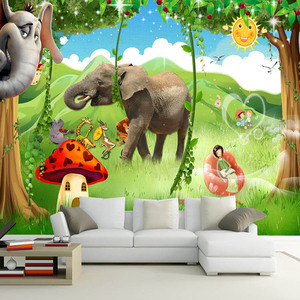 Carta da Parati 3D a Tema Animali Cartoonesque, Foresta Verde per Camerette, Sfondo per Camera da Letto, Rivestimento Murale 8D per Asili - Product Image 3