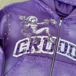 Fabricantes de ropa para hombres, sudaderas con capucha recortadas, chaqueta con cremallera lavada con ácido, sudadera con cremallera de diamantes de imitación desgastada Vintage personalizada - Product Image 3