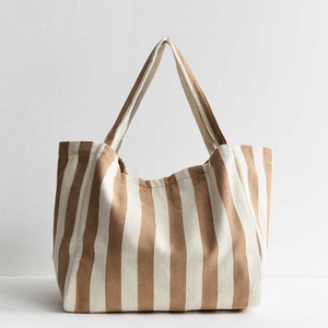 Borsa per la spesa riutilizzabile in tela a righe di grande capacità con tasche interne nuova Tote da spiaggia con comode maniglie - Product Image 5