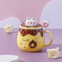 귀여운 3D 도넛 토끼 세라믹 머그컵 400ml - 뚜껑과 스푼이 포함된 창의적인 만화 토끼 커피잔, 이상적인 사무실 선물 세트
