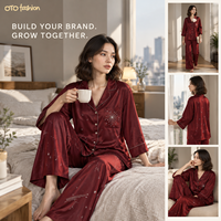 Ensemble deux pièces pour femmes en satin bordeaux, imprimé étoiles, col en V, pyjama, vêtements de détente, fabrication sur mesure, étiquette privée OEM