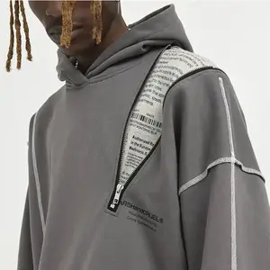 fashionable patchwork hoodies men color blocking custom printed Asymmetrical Zipper Reverse Loose Hooded Sweatshirt