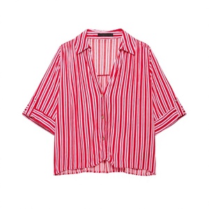 Camisa de Mujer Estilo Vintage, Tejida, Simple, a Rayas Rojas y Blancas, de Gasa, con Botones, Corte Holgado, Manga Tres Cuartos, Informal, para Primavera/Verano - Product Image 3