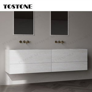 Meuble de salle de bain Tostone moderne et minimaliste avec double vasque murale, plan de travail en <span class=keywords><strong>pierre</strong></span>, <span class=keywords><strong>pierre</strong></span> <span class=keywords><strong>calcaire</strong></span> <span class=keywords><strong>blanche</strong></span>, pour appartement - Product Image 4