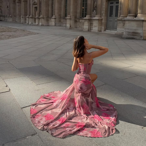 2025 модное роскошное элегантное розовое платье макси на тонких бретельках с цветочным принтом для женщин облегающее кружевное платье с оборками - Product Image 4