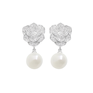 E3607 Pendientes colgantes de flores de oro blanco con perlas de imitación, joyería romántica para boda para mujer - Product Image 1