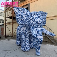 Mascotte géante gonflable personnalisée en forme d'éléphant style porcelaine, motif floral orné entièrement imprimé, grand accessoire gonflable en forme d'éléphant