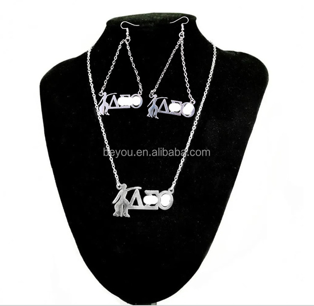 DST Greek Letter with Girl Stainless Steel Charm Drop Dangle Earrings Necklace Set Jewelry