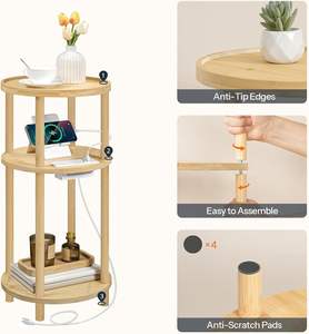 <span class=keywords><strong>Table</strong></span> d'appoint ronde en bambou à 3 niveaux avec station de charge pour chambre et salon, petite <span class=keywords><strong>table</strong></span> d'appoint pour salon - Product Image 4