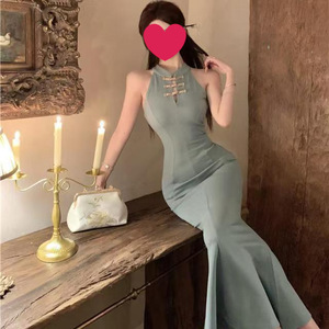Traditional Chinese Cheongsam Dress Women Solid Color Fishtail Silhouette Party Wear Blue And Black - Product Image 1