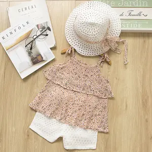 Magasin en ligne OEM bas prix lavé été enfants vêtements filles coton pantalon ensembles avec chapeau de Chine fabricant