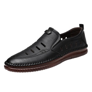 Men Genuine Leather <b>Slides</b> Closed Toe Breathable Rubber Outsole Solid Pattern Embossed Logo Casual Summer Shoes - Product Image 4