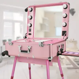 Rosa Masken bildner Koffer Aluminium Luxus Reise Schönheit Maniküre Koffer Mit Spiegel Lampe Kosmetik Trolley Toolbox