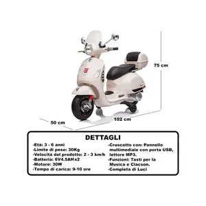 Bianca Net Vespa Gts Ride On Scooter 6V 30W 2-3 Km H For Kids 3-6 Years With <b>Lights</b> And <b>Music</b> - Product Image 3