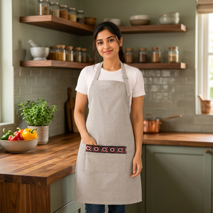 Tablier en lin de qualité supérieure |   Tablier en lin beige naturel avec poche décorative brodée sur le devant |   Tablier de cuisine réglable - Product Image 3