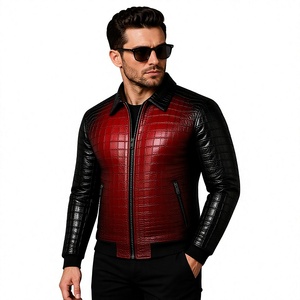 Veste en cuir pour homme à motif crocodile, rouge et noir, bicolore, col ajusté, coupe slim, en cuir véritable, vente en gros, OEM personnalisé - Product Image 1