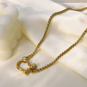 Stainless Steel Square Chain Carabiner Pendant Necklace 18K Gold Plated For Women Daily Wear Gift Jewelry - Product Image 3
