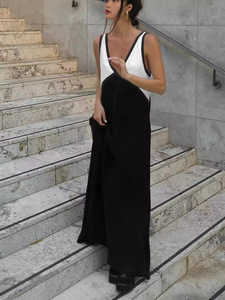 Vestido de gasa sin mangas con cuello en V hasta el suelo con patrón sólido Cintura natural Método tejido a juego - Product Image 4