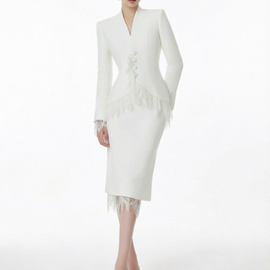 <b>White</b> <b>Lace</b> Patchwork Two Piece Suit Set V Neck Slim Fit Jacket and Half Skirt Autumn Women Outfit - Product Image 1