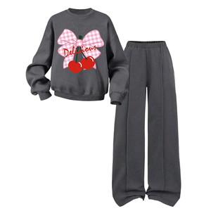 Ensemble populaire pour petites filles : sweat-shirt à nœud papillon imprimé cerises et pantalon, tenue deux pièces personnalisable pour enfants printemps-automne - Product Image 4