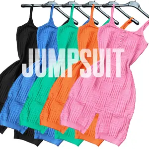 बाहर बढ़ा पट्टी वफ़ल डिजाइन बुनाई स्वेटर लघु पैंट सुरुचिपूर्ण बिना आस्तीन बटन महिला Jumpsuits