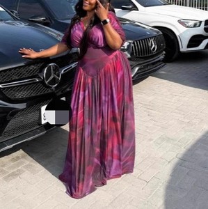 Vestido Maxi con Cuello en V Profundo y Cintura Fruncida para Mujer - Estampado Floral y Abstracto, Vestido Formal de Talla Grande, Vestidos Africanos de Moda para Mujer - Product Image 1