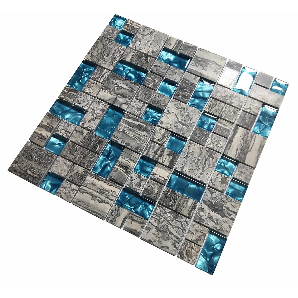 New Design Wave Texture Grey Marble Mosaic Backsplash Wall Navy Blue Crystal Glass Mosaic Tile