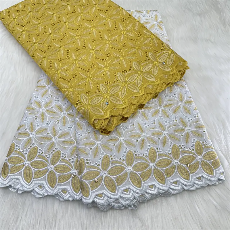 Sang Trọng Bông Ren Dệt Đám Cưới Voile Vải Ăn Mặc 100% Bông Ren Màu Trắng Và Vàng Voile Ren Vải Phi Thụy Sĩ