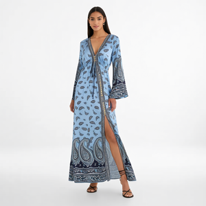 <span class=keywords><strong>Vestido</strong></span> Maxi Largo Bohemio para Mujer <span class=keywords><strong>con</strong></span> Estampado Paisley Personalizado, <span class=keywords><strong>Azul</strong></span> <span class=keywords><strong>Cielo</strong></span>, Cuello en V, Manga Campana, Cintura <span class=keywords><strong>con</strong></span> Cordón y Abertura Alta - Product Image 3