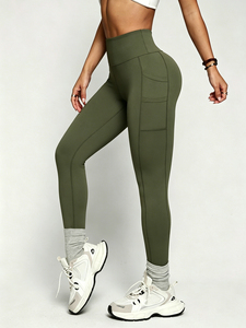 Leggings Yoga a Vita Alta con Tasche, Lunghezza alla Caviglia, Verde Tinta Unita, Senza Cuciture, Elasticizzati in Quattro Direzioni, Asciugatura Rapida, per Palestra e Fitness Estivo - Product Image 4