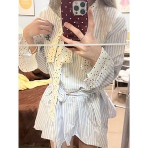 Korean Style Striped Patchwork Dress Long Sleeve Bow Neckline Tight Waist Casual Daily Wear Blue White Stripes Polyester - Product Image 1