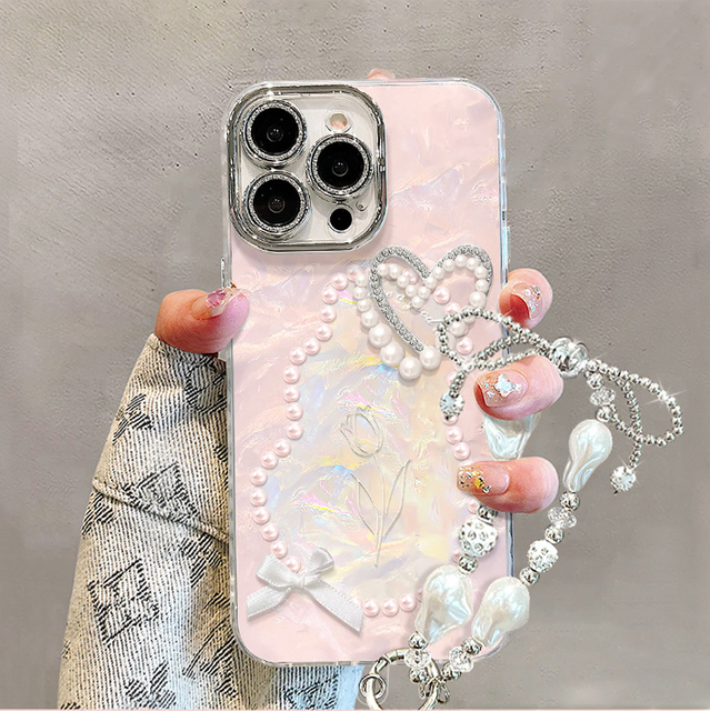 Pearl Love Flower Printing Bracelet Shell Pattern Acrylic Mobile Phone Cover Case for Iphone 11 12 13 14 15 16 17 Pro Max Air