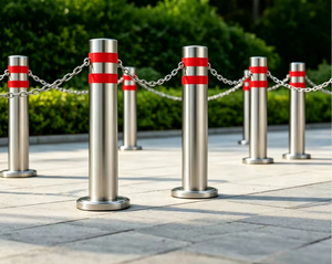 Borne de sécurité en acier inoxydable 304 avec chaîne et bande réfléchissante rouge pour parcs d'attractions et espaces publics - Product Image 2