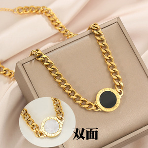 Fashion Cuban <b>Chain</b> Women's Roman Numeral Black and White Shell Stainless Steel Trendy <b>Bracelet</b> for Both <b>Men</b> and Women Jewelry - Product Image 5
