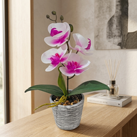 Plante d'orchidée magenta artificielle dans un pot rayé blanc, fausses orchidées violettes et roses, fleurs artificielles pour la décoration du salon