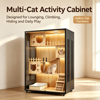 Maison pour chat d'intérieur extra-large en bois massif, mobilier pour animaux de compagnie, cage avec roues verrouillables et verre trempé, multi-niveaux
