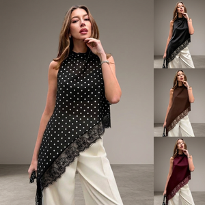 Custom Women's <b>Asymmetric</b> Polka Dot Chiffon Sleeveless <b>Top</b> Lace <b>Hem</b> | Stand Regular Fit Tank Blouse | Casual Spring Button - Product Image 4