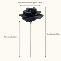 Rose noire artificielle faite à la main en gros, tige unique sans feuilles, 25 cm de tige nue, 30 cm au total, tête de 7,5 cm, en soie, pour Halloween et mariage