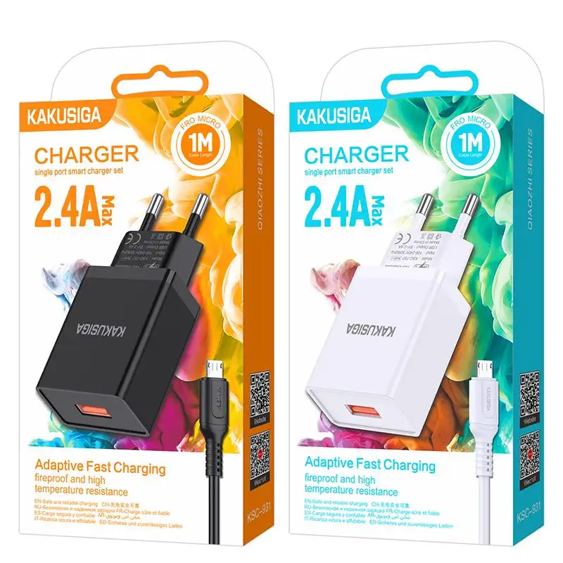 KAKUSIGA/KAKU Hot Sale Usb Single Port 2.4A Phone Charger Home Use Wall Charger With Micro Cable Safe multiple protection