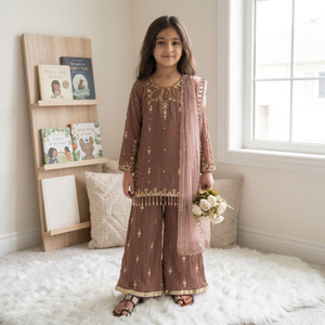 Girls Embroidered Sharara Suit Set Brown Stretch Kurta Palazzo Dupatta Ethnic Party Wear - Product Image 1
