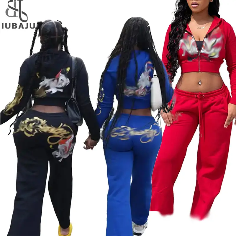 Casual Sporty Women Tracksuit 2 Piece Set Zip Hooded Crop Tops+Leggings Graphic Matching Streetwear Suit